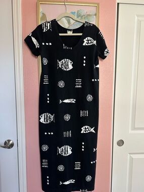 VTG 90s resort-wear tribal fish pattern cotton made USA maxi dress S Petite